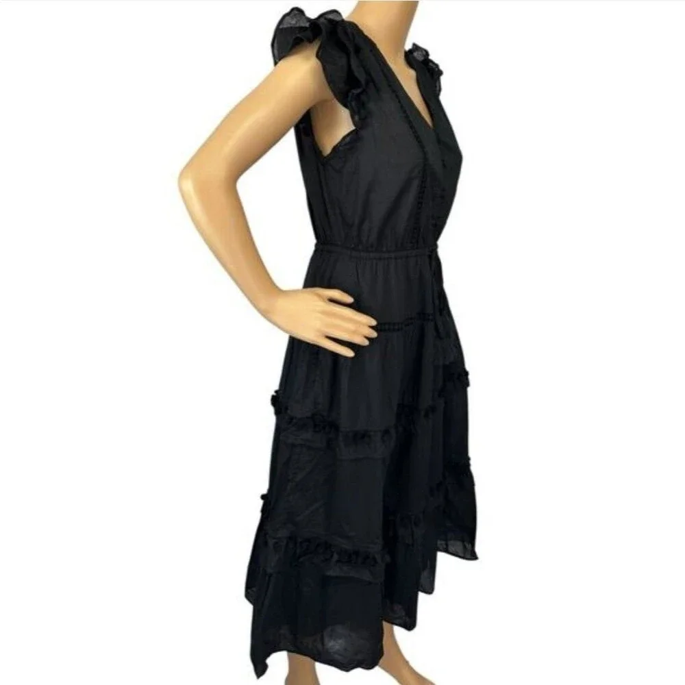 NWT J.Crew Pom-pom Midi in Black Cotton Voile Tiered Dress Size 0 $128 Worn Once